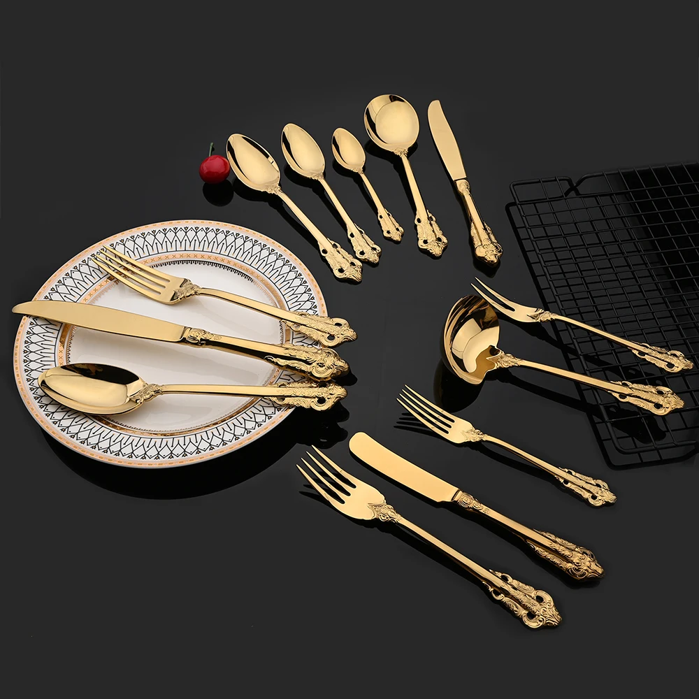 Vintage Western Gold Plated Cutlery Dining Knife Fruit Fork Teaspoon Butter Knife Set Luxury Dinnerware Engraving Tableware Set