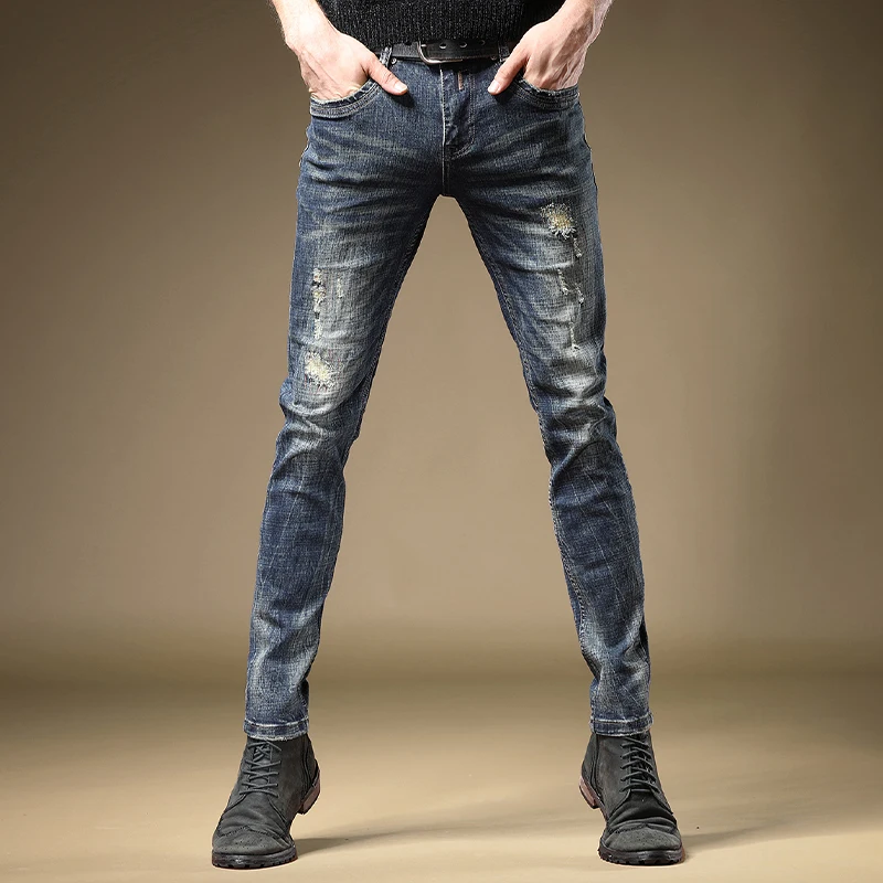 Autumn New Men's Blue Ripped Jeans Fashion Straight Slim Fit Pants Korean Style Distressed Denim Trousers