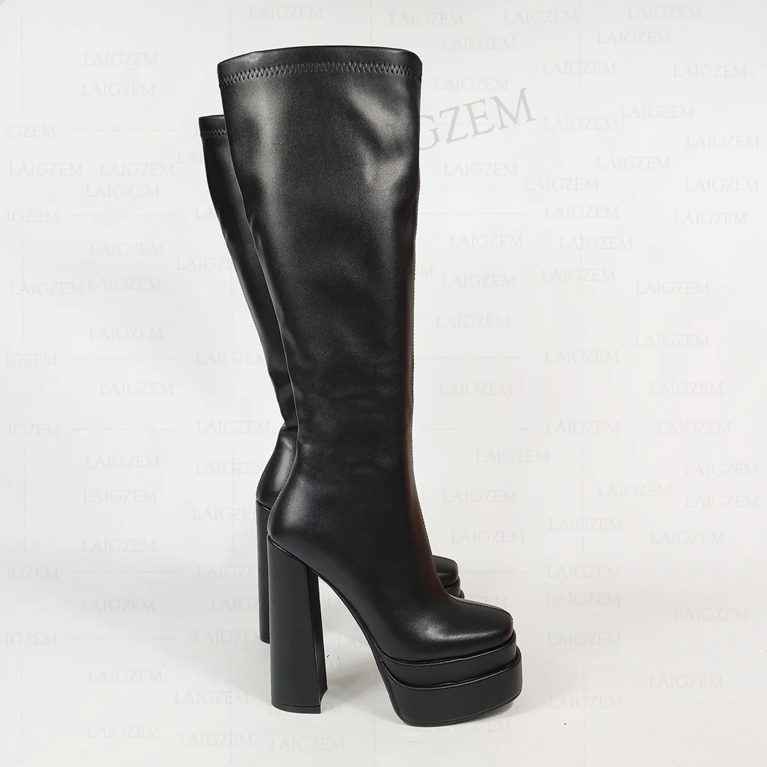 SEIIHEM Women Knee High Boots Faux Leather Zip Up Block Thick High Heels Boots Comfortable Lady Shoes Woman Big Size 39 41 42 43