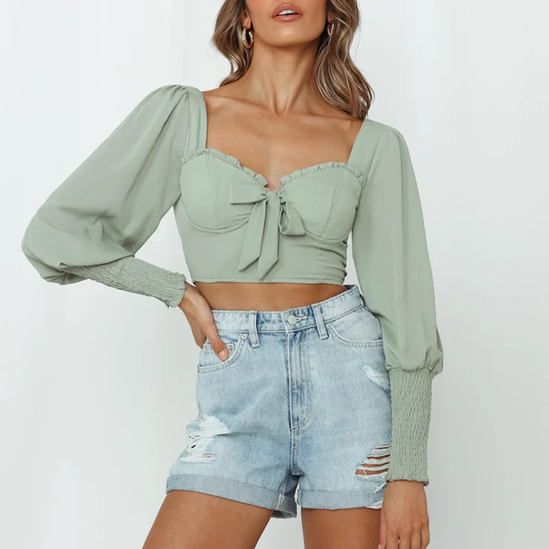 

Chiffon Blouse Women Long Sleeve Crop Tops Ladies Solid Casual Summer Blouses Frill Trim Sweetheart Neck Bow Tie Sexy Crop Top