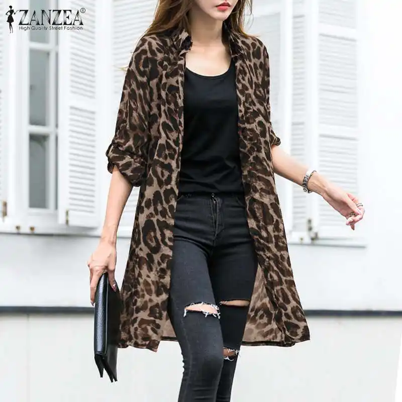 ZANZEA-blusas estampadas con estampado de leopardo para mujer, cárdigans largos, Kimono, capa, Túnica con solapa, Top, 2023