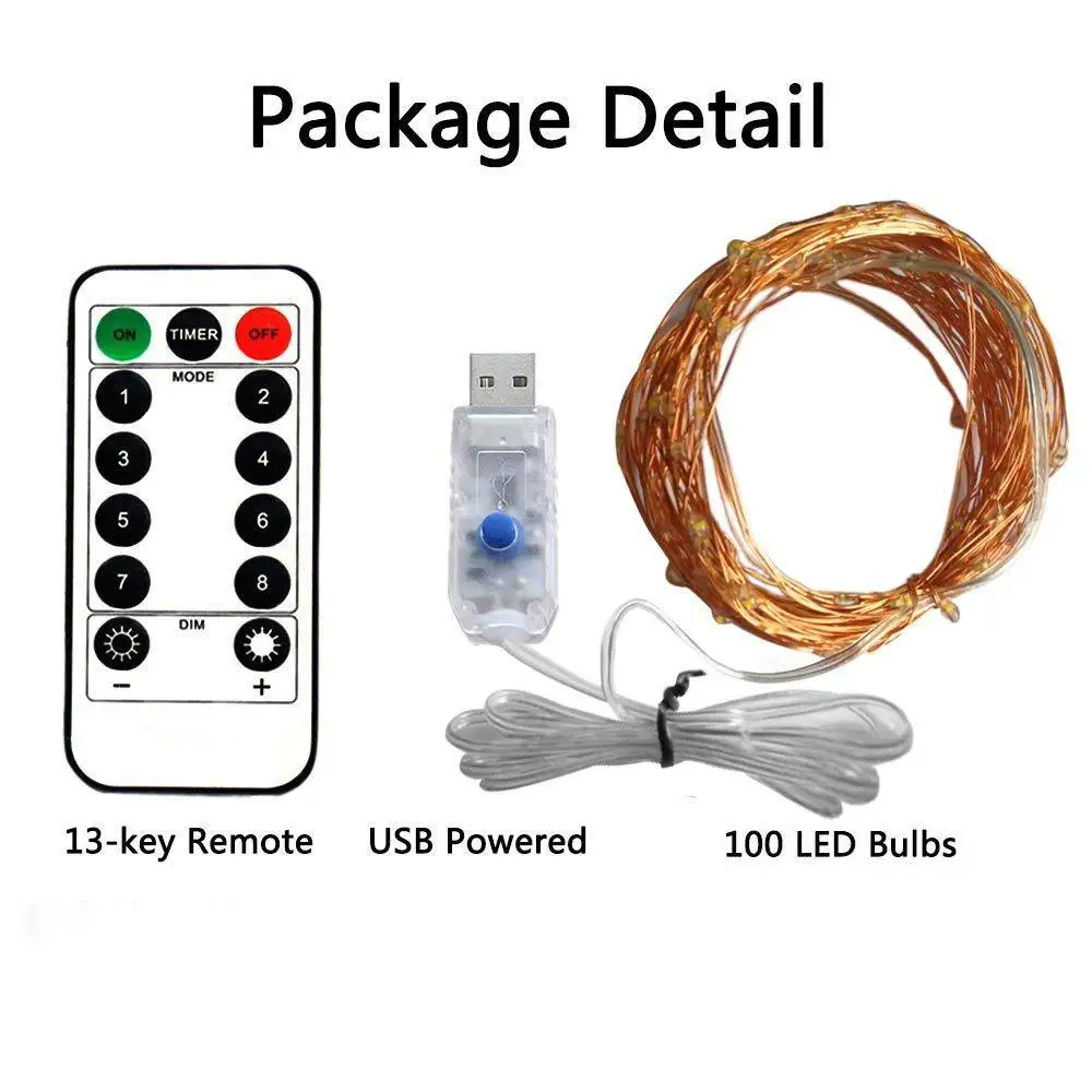 USB remote control copper wire low voltage light string 10 meters 100 LED 8 function Christmas decoration light string