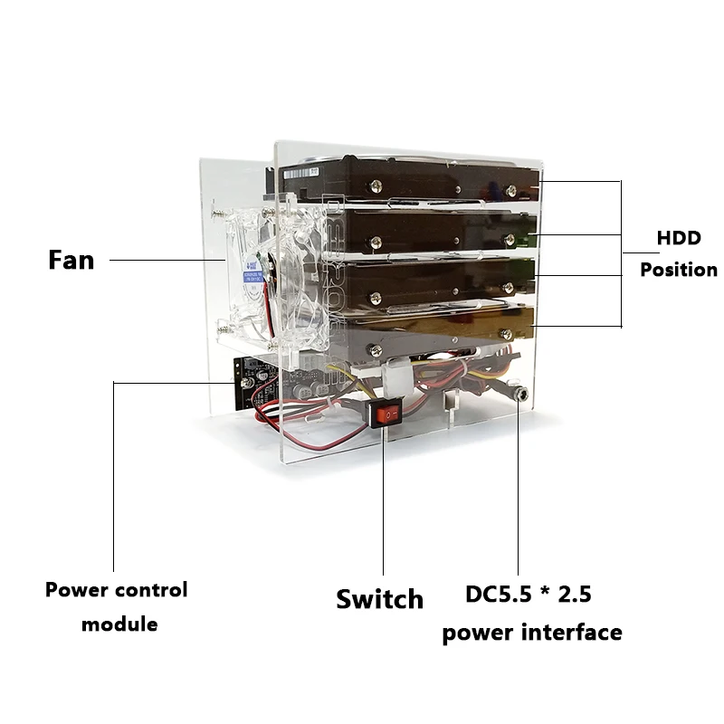 Support d\'extension de disque dur DIY HDD 3.5 NAS, 4 disques, racks externes, support d\'alimentation minière, support en acrylique transparent