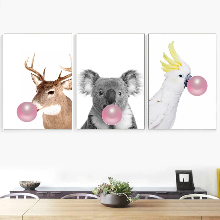 Deer koala Parrot Blowing Bubble Gum Nordic Posters And Prints Wall Art Canvas Painting Wall Pictures For Living Room Home Decor