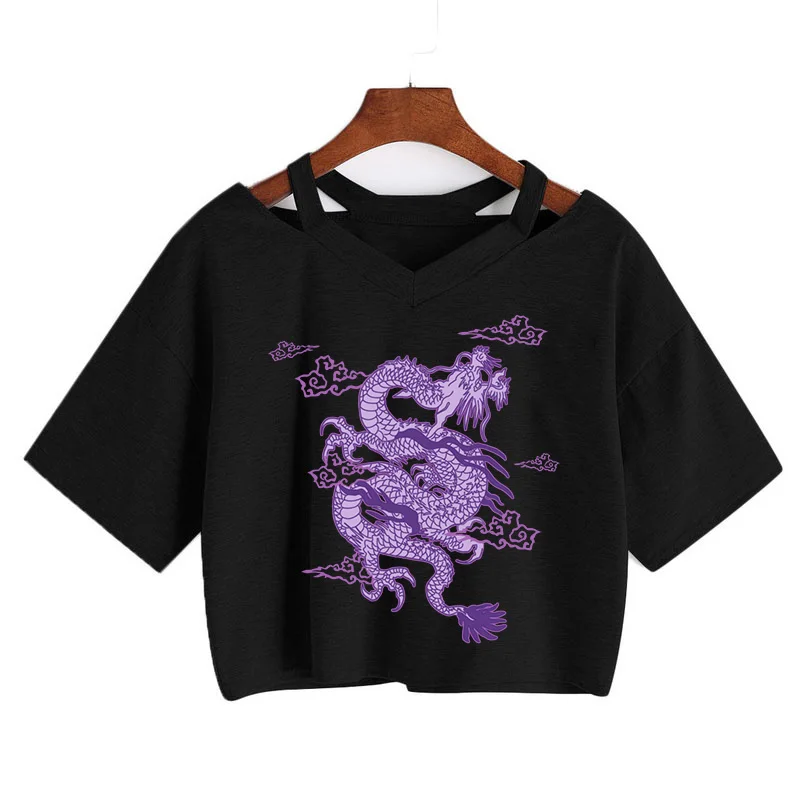 Woman T-shirts Harajuku Dragon print y2k Crop Tops Aesthetic clothing Vintage Tops Punk Streetwear Gothic Tee tshirts size club