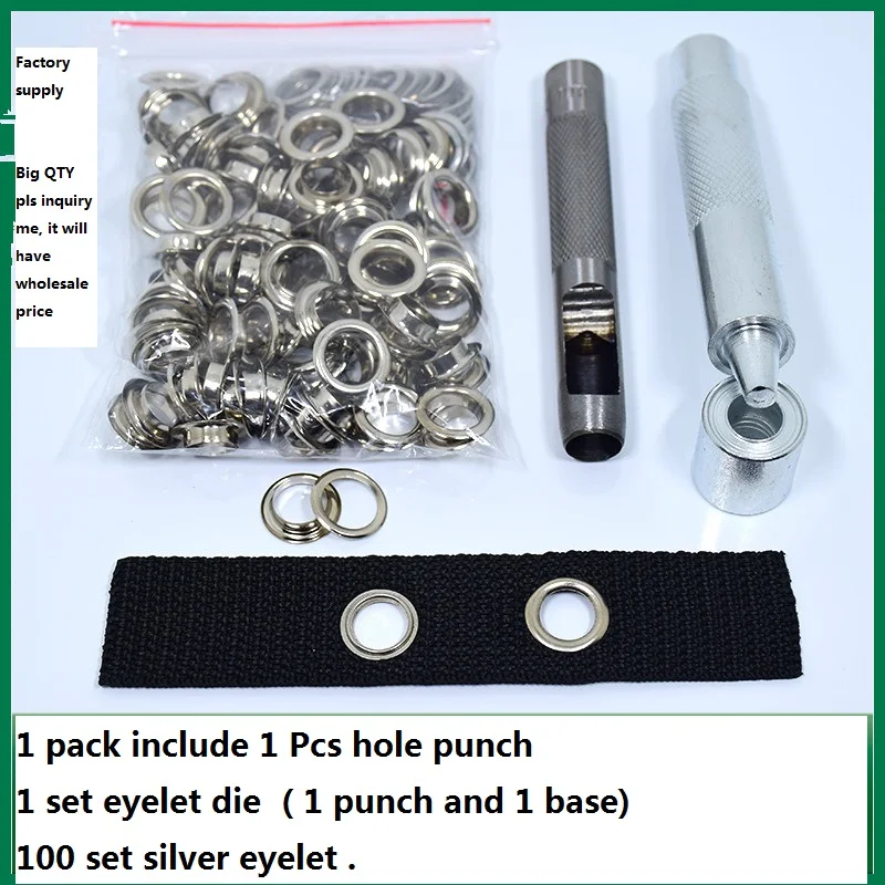 Free Shipping 100 set silver eyelet and Eyelet Punch Die Tool Set for Leather Craft Clothing Grommet Banner 3.5mm - 20mm