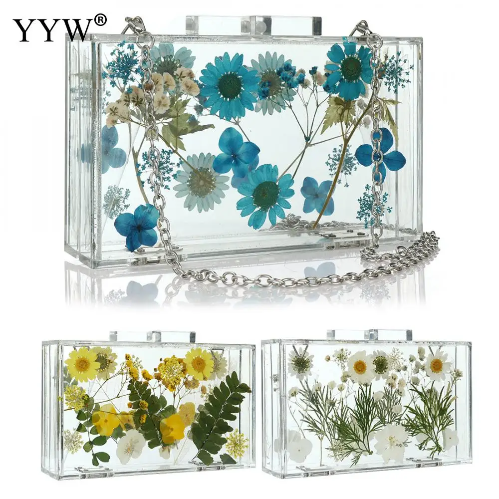 5Pcs/Lot Floral Transparent Acrylic Handbag Box Women 2024 Shoulder Messenger Bags Luxury Designer Sac A Main Femme Summer Purse