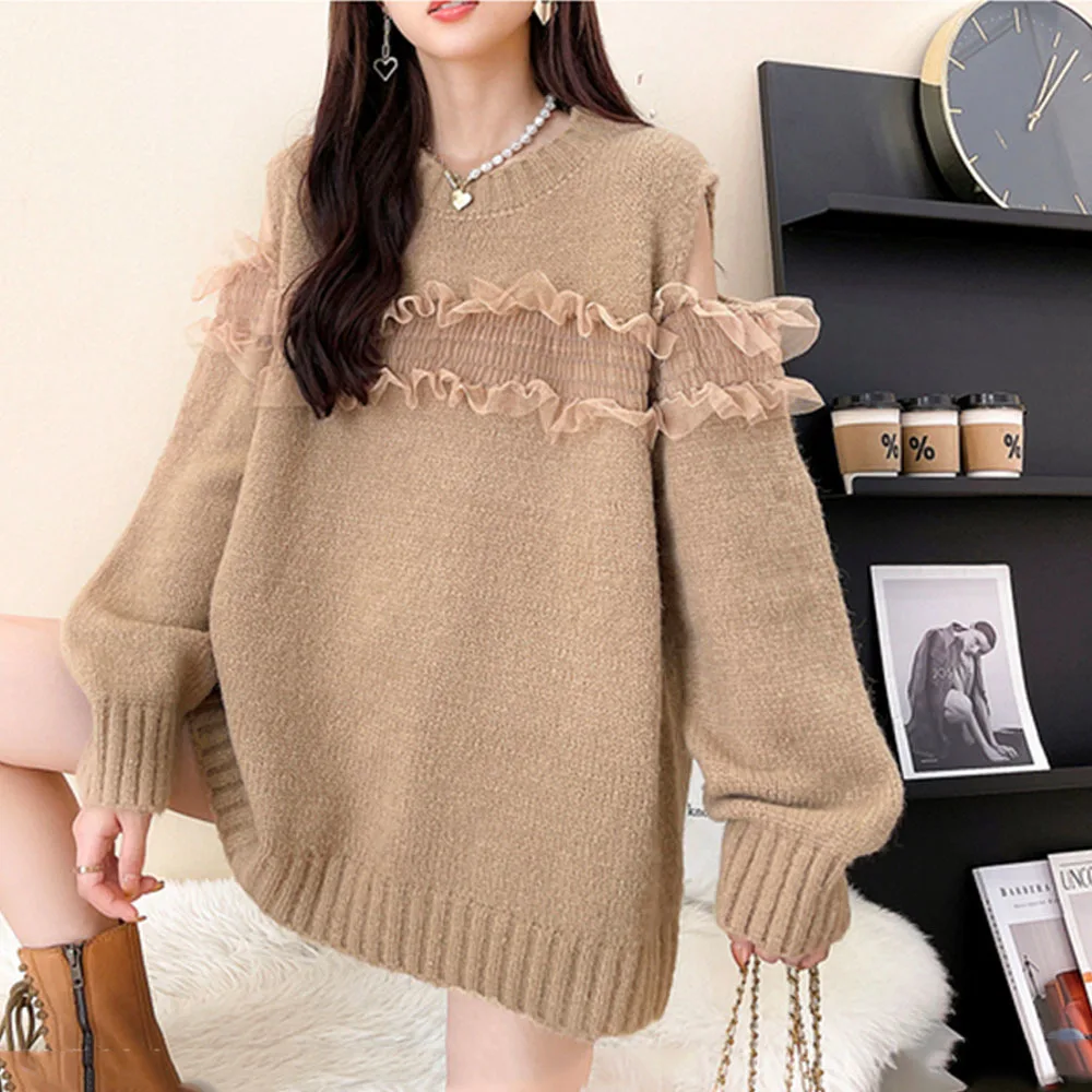 Women Strapless Sweater Korean New Autumn Winter Solid Knitted Pullovers Retro Lantern Sleeve O Neck Loose Jumper Pull Femme