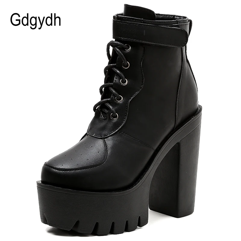 Gdgydh Women Platform Boots Adjustable Buckle Lace up Black Lug Sole Ankle Boots Block Heels Leather Nightclub Comfort