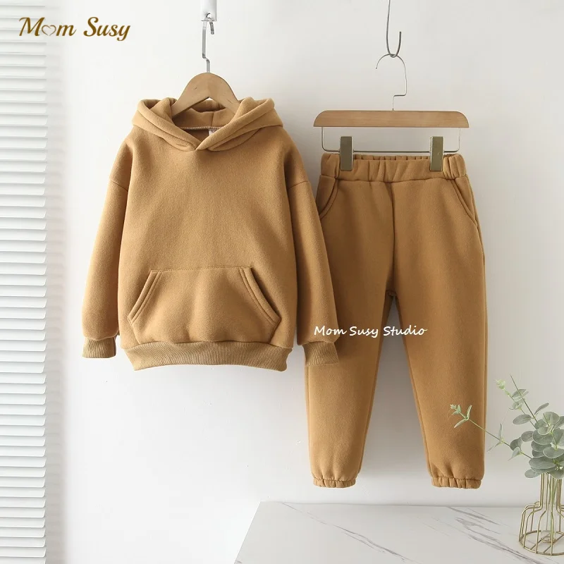 Baby Girl Boy Cotton Clothes Set Hoodie+Pant 2PCS Warm Fleece Lining Child Sport Set Loungewear Suit Winter Spring Autumn