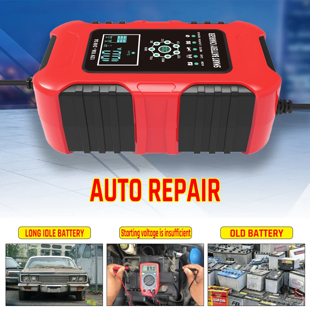 FOXSUR-cargador de batería de coche, 12 voltios, 24V, 10A, 7 etapas, AGM LiFePo4, Gel ácido de plomo, carga rápida y automática para reparación de