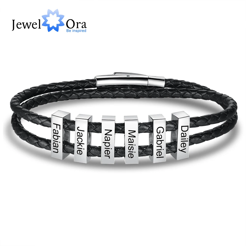 JewelOra Personalized Engravable Vertical 2-6 Bar Bracelets for Men Customized Family Name Stainless Steel Leather Bracelet Gift