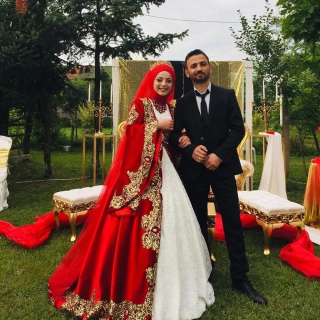 Muslim Red And White Wedding Dresses With Hijb High Neck Long Sleeve Sequin Applique Robes De Caftan Abaya Dubai Bridal Gowns Wedding Dresses AliExpress