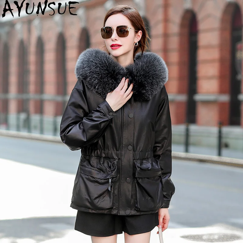 AYUNSUE Real Leather Jacket Women Sheepskin Coat Female Winter Down Jackets Hooded Parkas Woman Fox Fur Collar 2020 Veste Femme