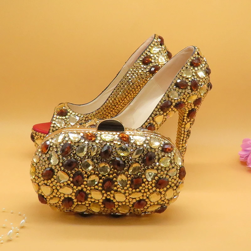 Fashion Peep Toe Champagne Coffee Crystal wedding shoes Woman High heels Platform shoes and bags Fahion shoes and bag