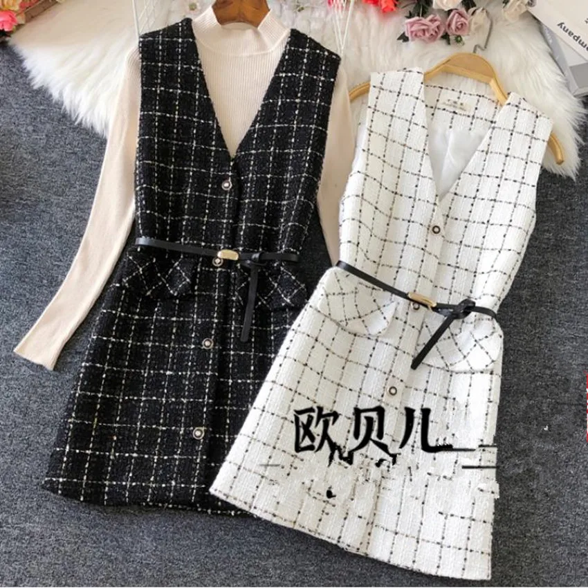 Small fragrance winter plaid French style tweed woolen tank dress women v-neck slim a-line bottoming dress