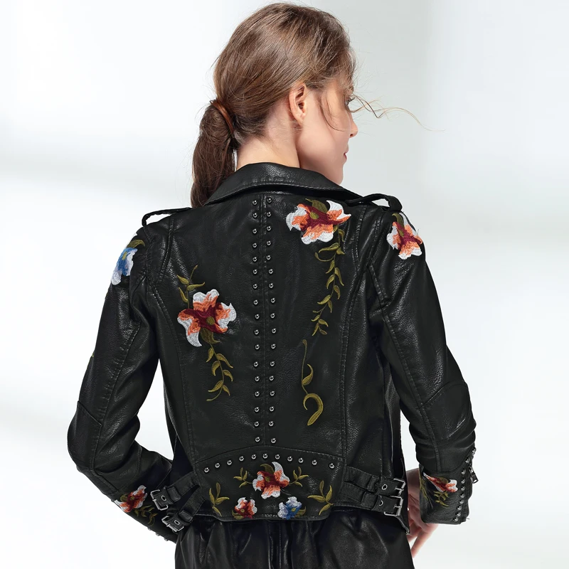 Women Print Embroidery Faux Soft Pu Leather Jacket Coat Turn-down Collar Casual Motorcycle Black Punk Outerwear