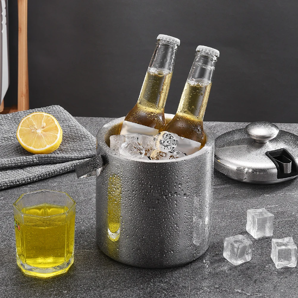 

1.3L Ice Bucket with Lid and Strainer Stainless Steel Ice Bucket Double-wall Ice Cube Container Bar kitchen Accessories