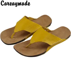 Careaymade-Genuine Leather Foot clippers summer women's slippers casual flat sandals Oversized shoes man slippers size35-47