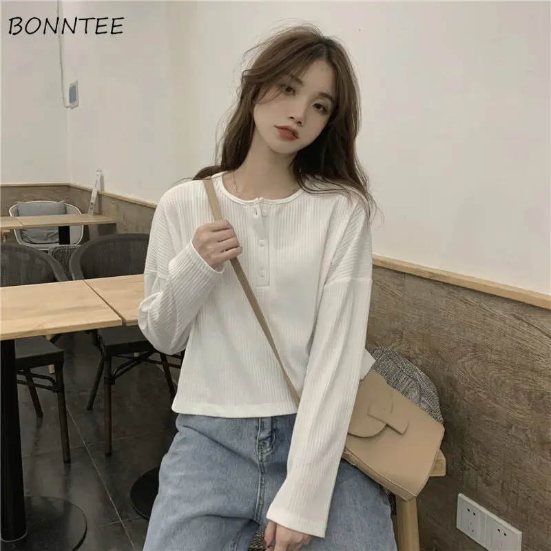 T-shirty damskie proste Casual przycięte jesień z długim rękawem moda O-neck styl japoński stałe wszystkie mecze ulica słodkie dziewczyny przytulne