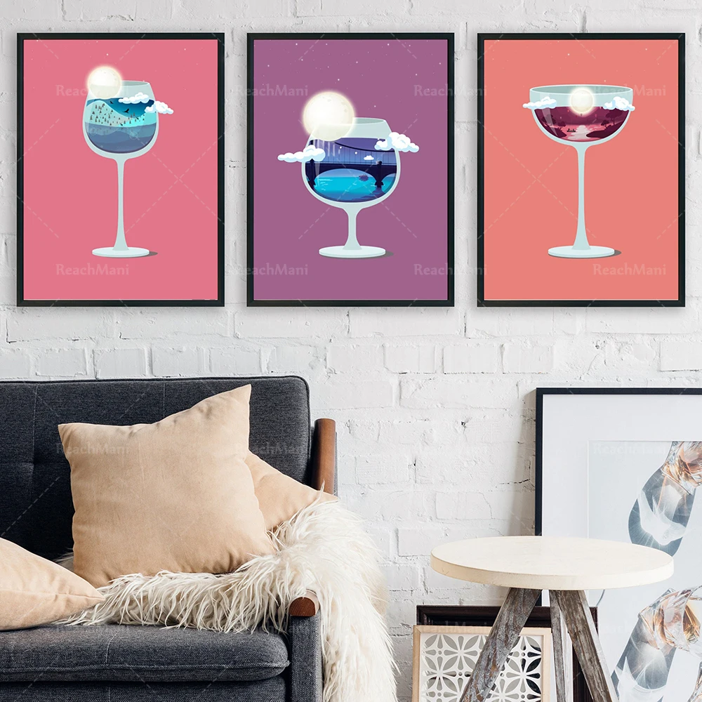 Natural cocktail printing, alcohol print art poster, moon art night sky landscape decoration canvas printing gift