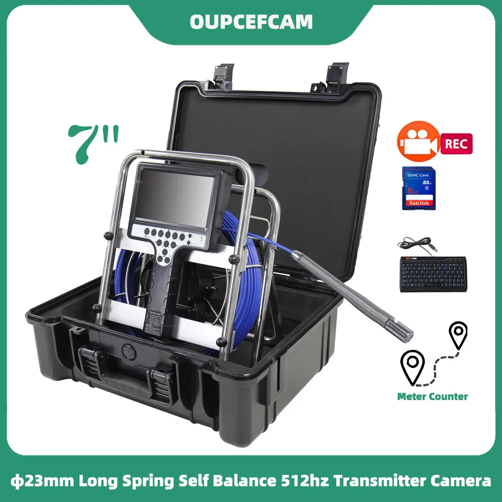 

φ23mm Long Spring Self Balance 512hz Camera Drain Sewer Pipe Inspection Endoscope 7" Screen DVR Meter Counter 5mm Cable