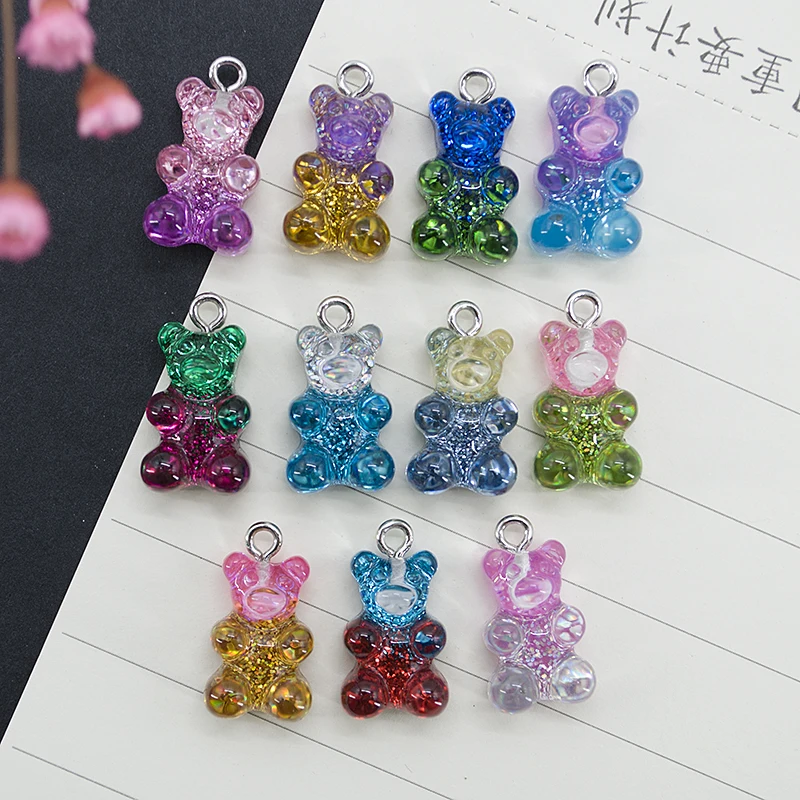 10pcs 10*17mm Resin Bear Cabochons Glitter Gummy Candy Charms Colorful Accessories Necklace Keychain Pendant DIY Making