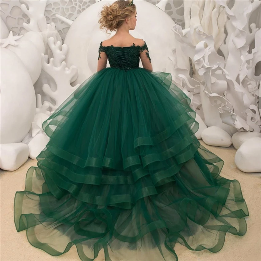 Abiti da sposa di Lusso Verde Del Merletto Delle Ragazze di Fiore Abiti 2020 Sheer Maniche Lunghe Appliques Perline A Più Livelli Abito di Sfera Pageant Dress