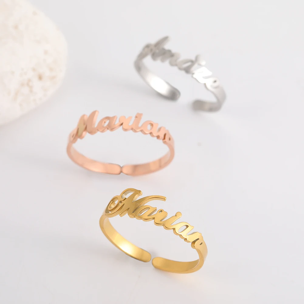 Teamer Custom Name Rings Adjustable Gold Color Stainless Steel Personalized Ring Jewelry Women Men Unique Christmas Friend Gift