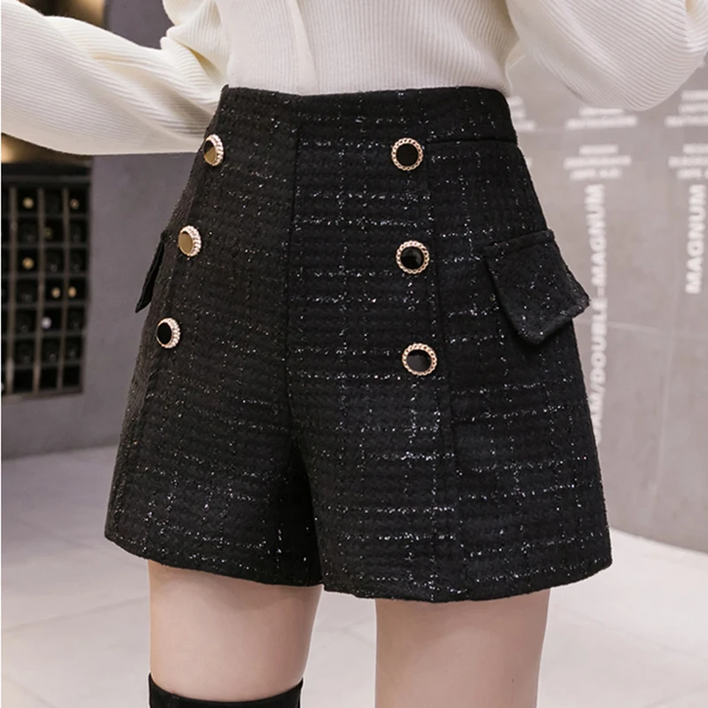 

Korean Woolen Shorts Women 2021 Winter Mini Short Pants Feminino Autumn Pocket Buttons Plaid Bottom Femme S-2XL