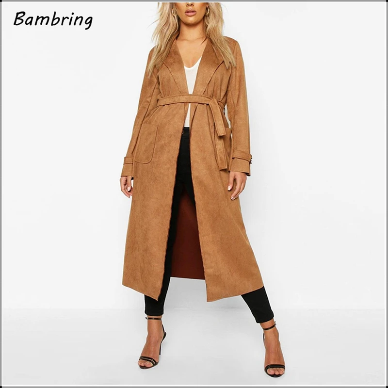 2020 textura de camurça couro trench coat feminino inverno tendência cinto longo jaqueta elegante senhoras macio falso couro casaco novo personalizado