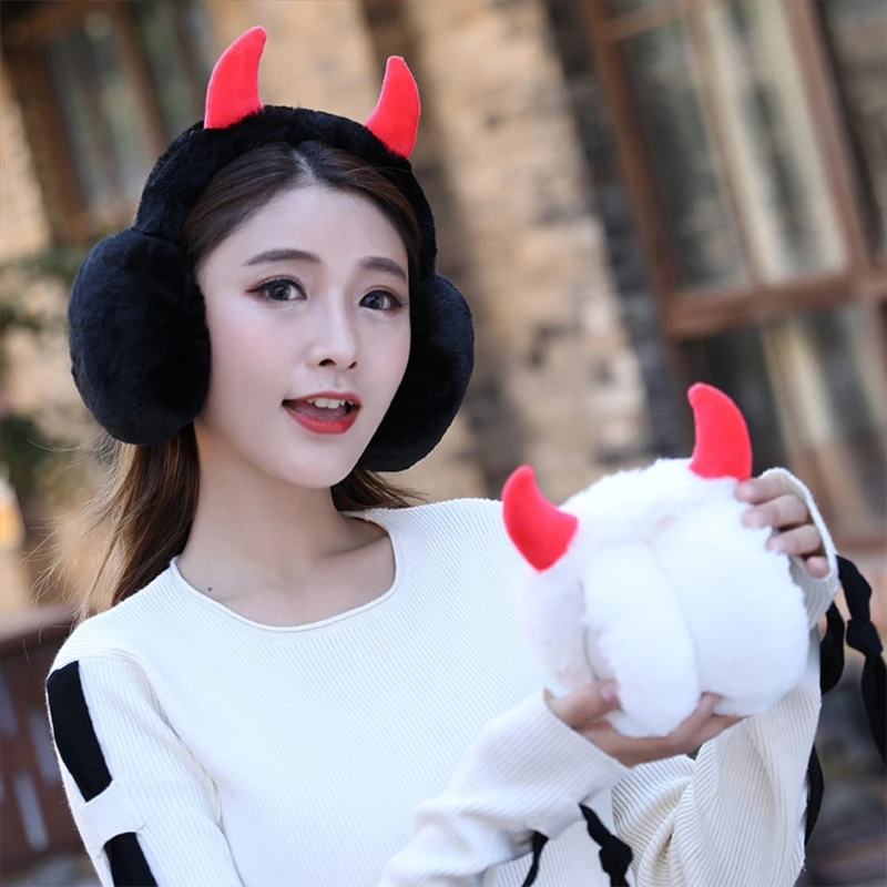 Women Soft Plush Earmuff with Horns Girls Cute Winter Adjustable Ear Muffs Female Foldable Outdoor Cycling Ski Ear Warmers