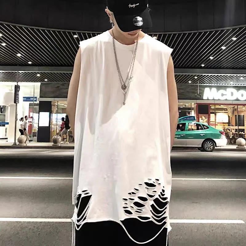 Hip Hop Ripped Hole Men Tank Top Tee Black White Bodybuilding Sports Basketball Run Gym Clothing Vest Japanese Streetwear Tshirt