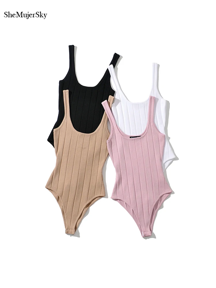 SheMujerSky Women Sexy Tank Sleeveless Bodysuits 2022 Summer Knitted Elastic Slim Solid Color Bodysuit