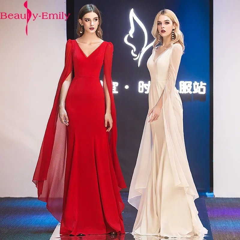 

Beauty Emily Sexy V Neck Lace Evening Dresses with Long Flare Sleeve 2020 Charming V Back Chiffon Formal Party Gowns Real Photo