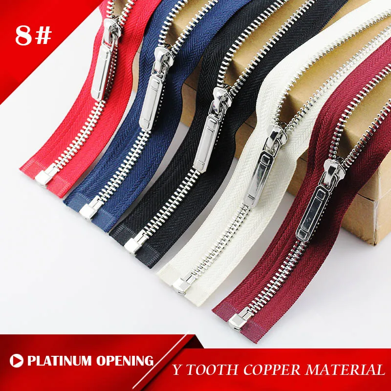 Metal zipper open-end auto lock Y teeth platinum plating zippers for sewing clothing 8# 60/70/80/90/100/120/150 cm