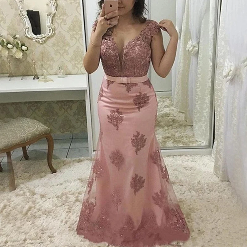 Robe Sirène Grande Taille 2021, Rose Clair, Vintage, avec de la Dentelle, avec des Bijoux, Longues Robes de Soirée à Manchon, Occasions Formelles, pour la Mère de la Mariée