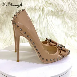 KeShangJia Black Bowknot Women Sexy Spikes Patent Stiletto Pumps punta a punta Slip On 8cm 10cm 12cm scarpe tacco alto taglia 33-45