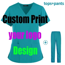 Custom Printing Logo Uniform Scrubs Set Women Men Thin Grooming Pet Spa Institution Suits Work clothes Medical Scrubs Tops Pants