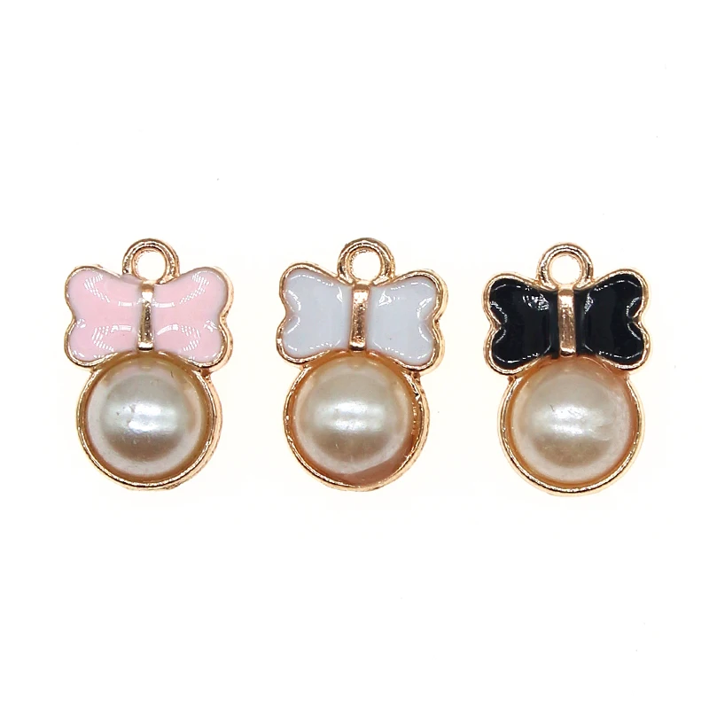 20pcs/lot 10*15mm Cute Enamel Mini Bow Pearl Charms Pendant For Earrings Necklace Bracelet DIY Jewelry Making Finding XL1049