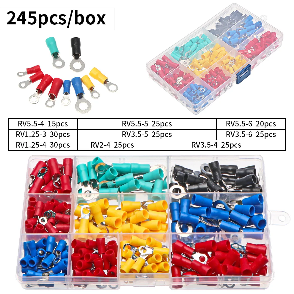 245pcs ring crimp insulation terminal RV1.25-3/4 RV2-3/4 RV3.5-5/6  RV5.5-4/5/6 for 1.5/2.5/4/6mm2 wire cable connector