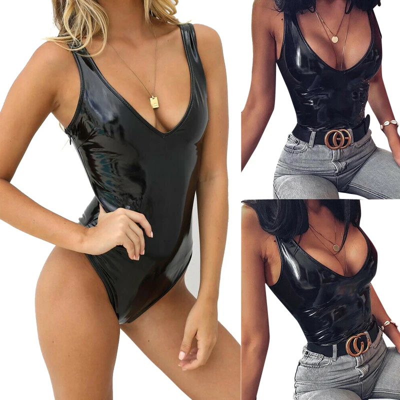 Camisola de couro sexy de crotch aberta para mulheres, bodysuit erótico abaixo crotchless, pornô brilhante, exposição mamária, maiô de látex, sexo