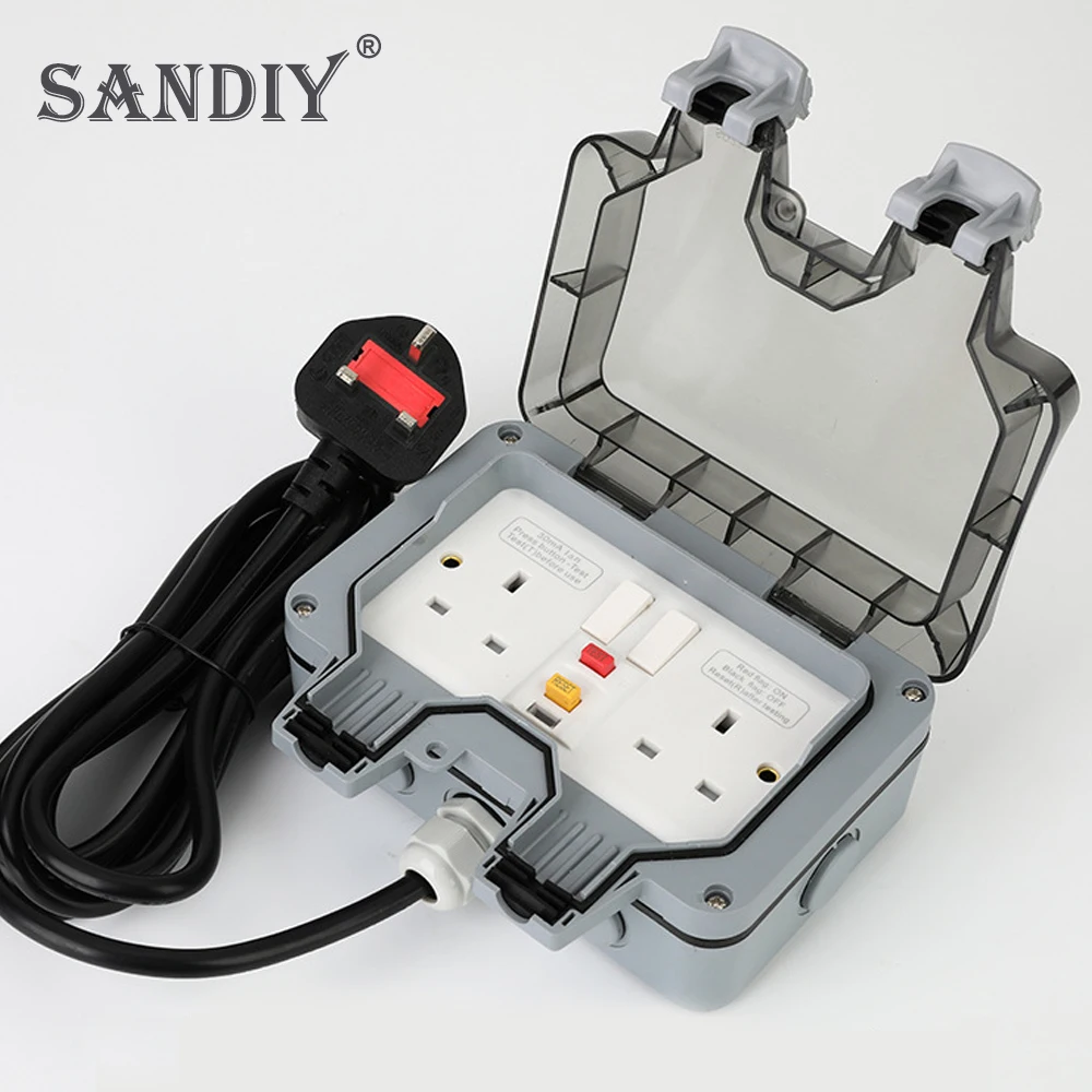 SANDIY Prevent Leakage Electric Socket with LED Waterproof Box Wire 3m 6/10m Outdoor Power Outlet Electrical British UK 16A 250V