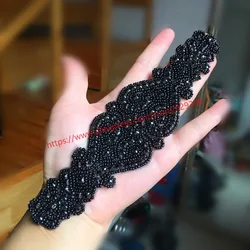 fashion black beads crystal applique for garments and dress accessory long black rhinestone flower beads trims for clothes waist