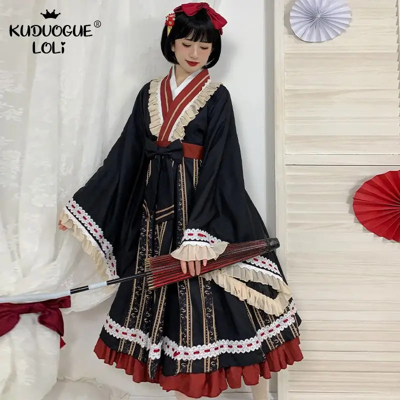 Dài Tay Lolita OP Dễ Thương Bé Gái Vintage Ngọt Ngào Thêu Xù Ren Cung Tên Chinoiserie Tươi Nữ Đảng Trang Phục Hóa Trang