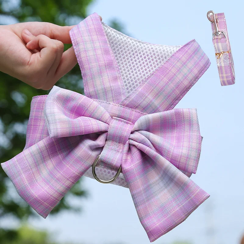 Gitter Hund Kleid Harness Und Leine Set Schöne Pet Hund Kleidung Für Kleine Hunde Chihuahua Rock Französisch Bulldog Welpen Kleid kragen – Detail 10