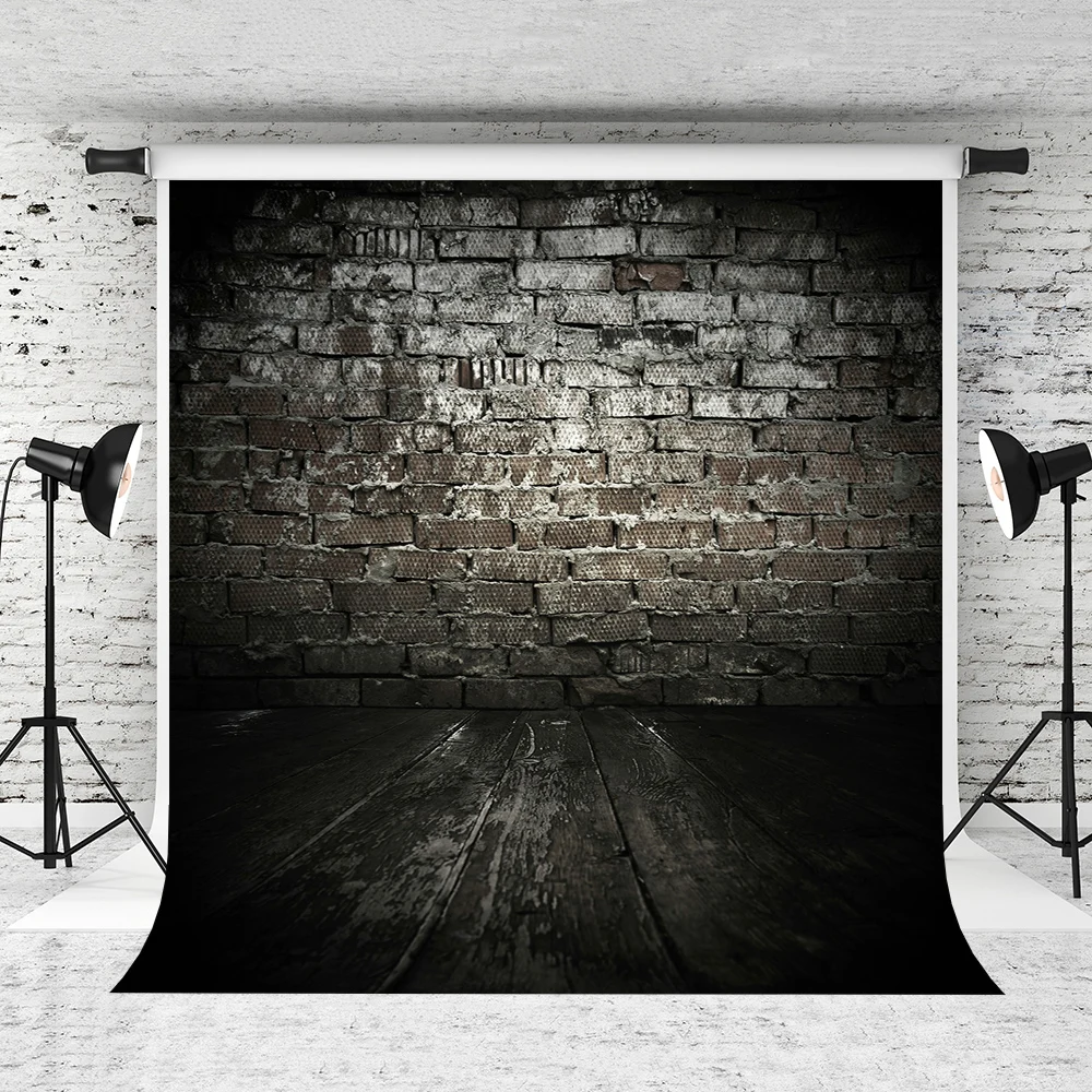 

VinylBDS Black Brick Wall Photography Backdrops Wood Flooring Backgrounds For Photo Studio Cotton Washable Backdrop NTZC-024