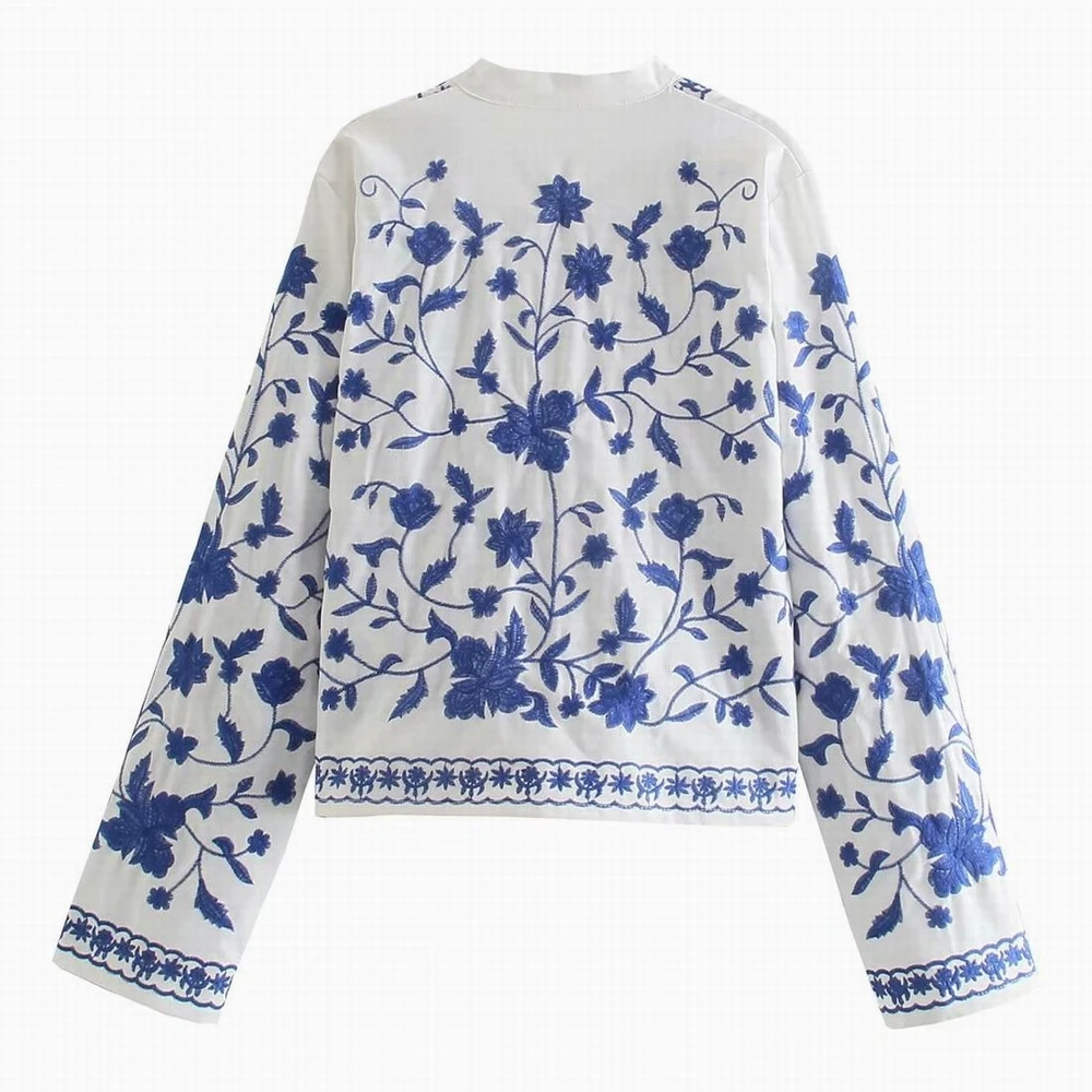 Embroidery Cotton Shirt Women Spring 2022 New Fashion Long Sleeve Top Clothes Blue and White Porcelain Floral Blouse