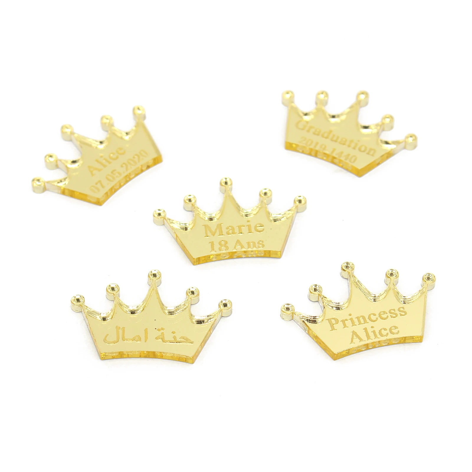 30/50/100pcs Personalized Mirror Crown Wedding Tags Table Center Decor Card Acrylic Baby Name Sign Party Favors Laser Cut Gift