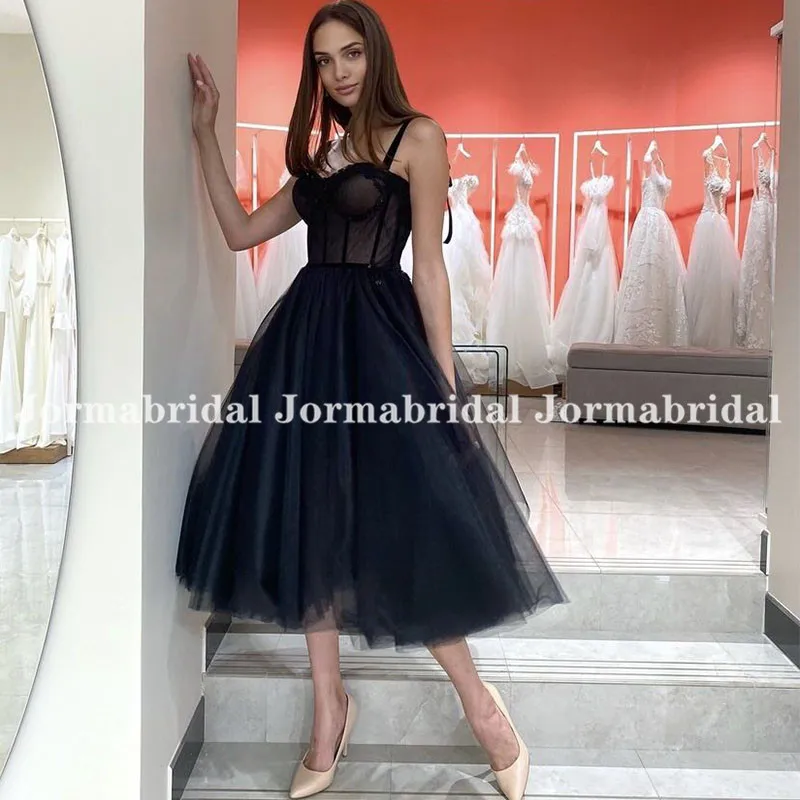 Ilusão preto curto vestidos de baile querida cintas de espaguete tule macio formal vestido de festa chá comprimento a linha vestidos de baile